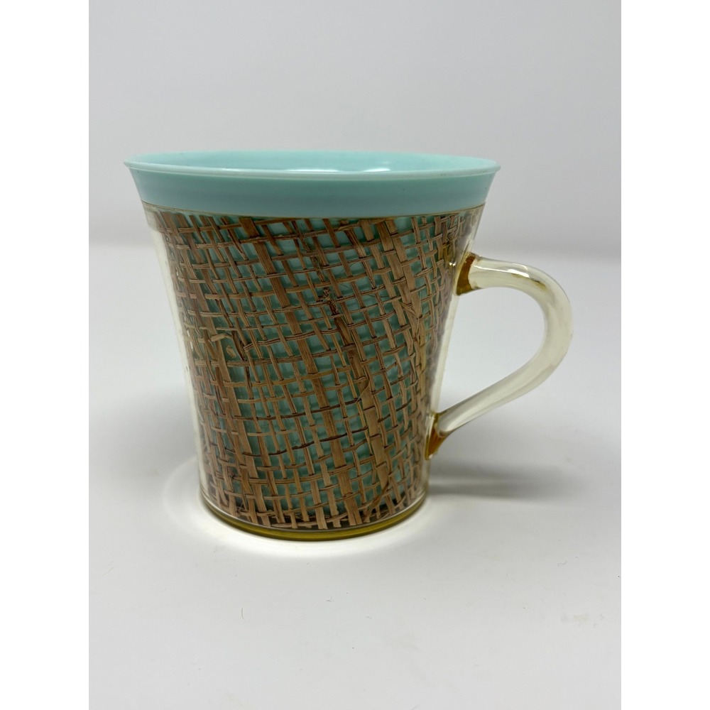 Vintage Mid Century Raffia Burlap Insulated Mug Turquoise Blue Plastic Cup Retro - Picture 2 of 4